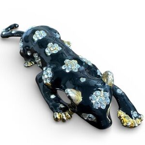 Black and Gold Tone Large Panther Brooch with Floral Rhinestone Design